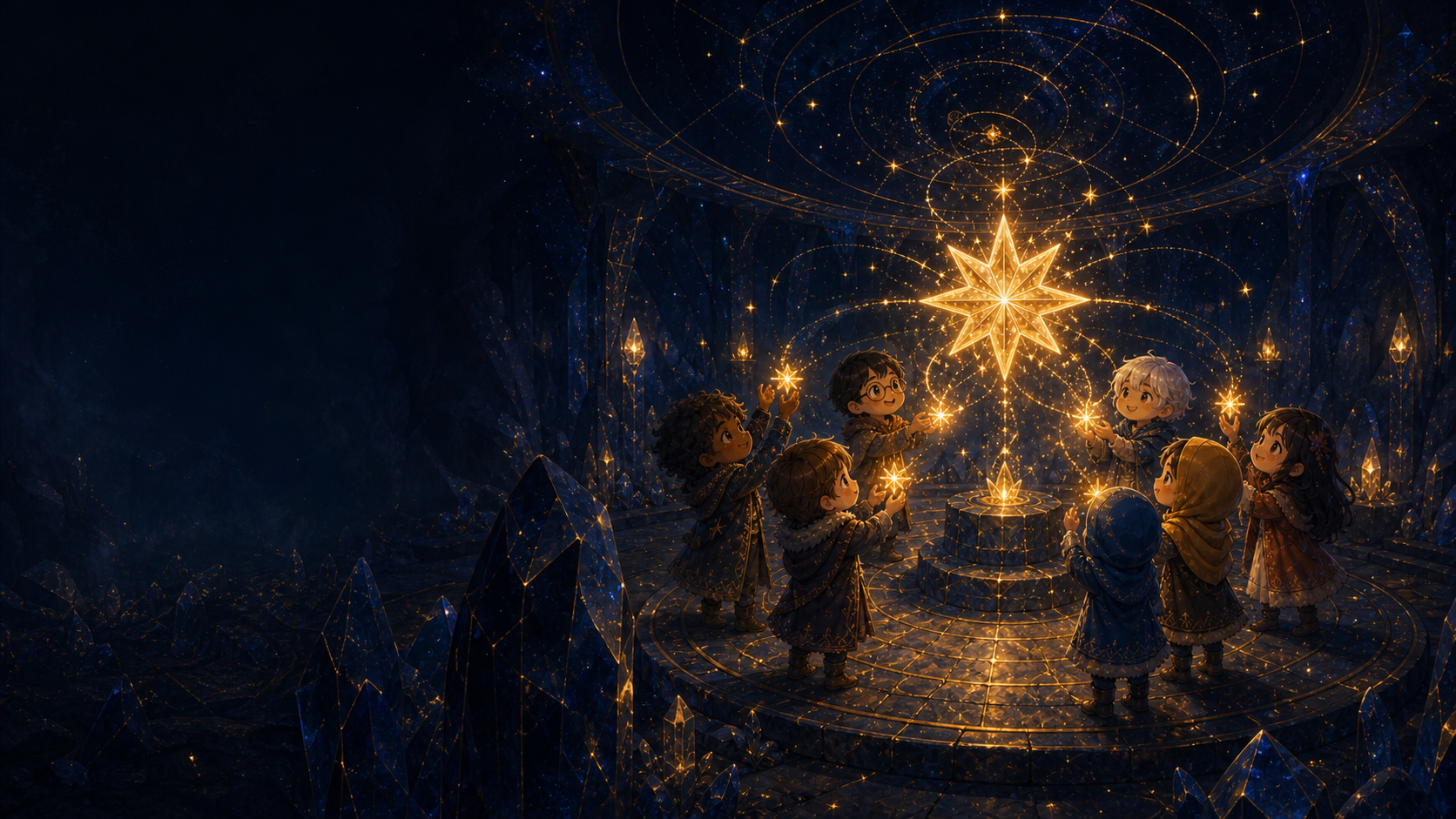 A circle of creators gathering their individual sparks into one luminous star