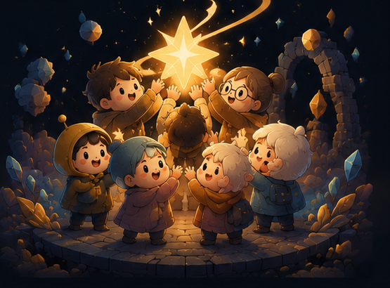 A group of young creators reaching toward a glowing star